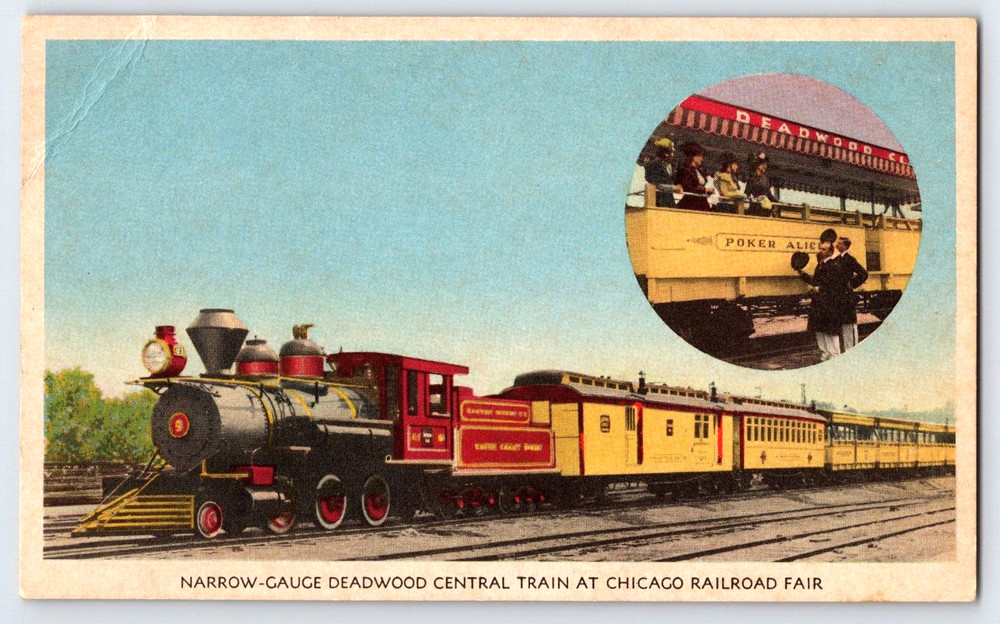 Vintage Postcard Chicago Railroad Fair Deadwood Central Train People Men Women