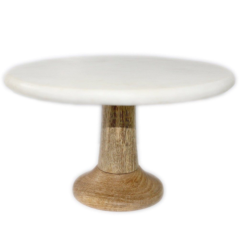 Mediterranean Marble Round Cake Stand with Mango Wood Base 10 Inch