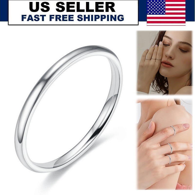 Plain Round Thin Stainless Steel Band Ring (2mm) Silver Color Mens Womens USA