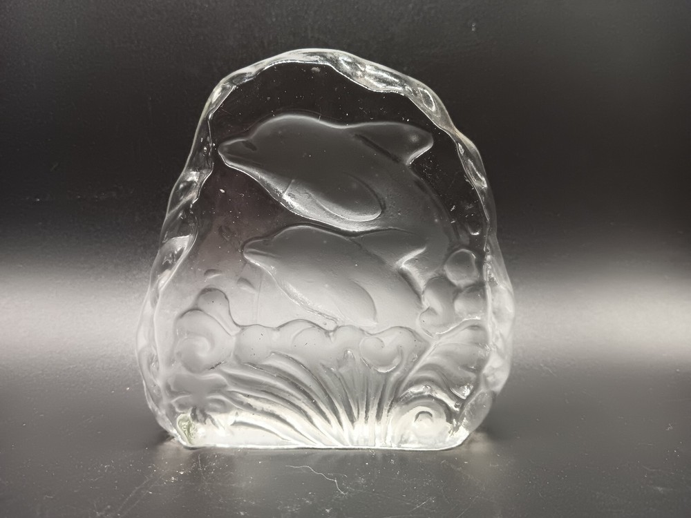 Vintage Crystal Etched Dolphin Sculpture Paperweight Clear Glass