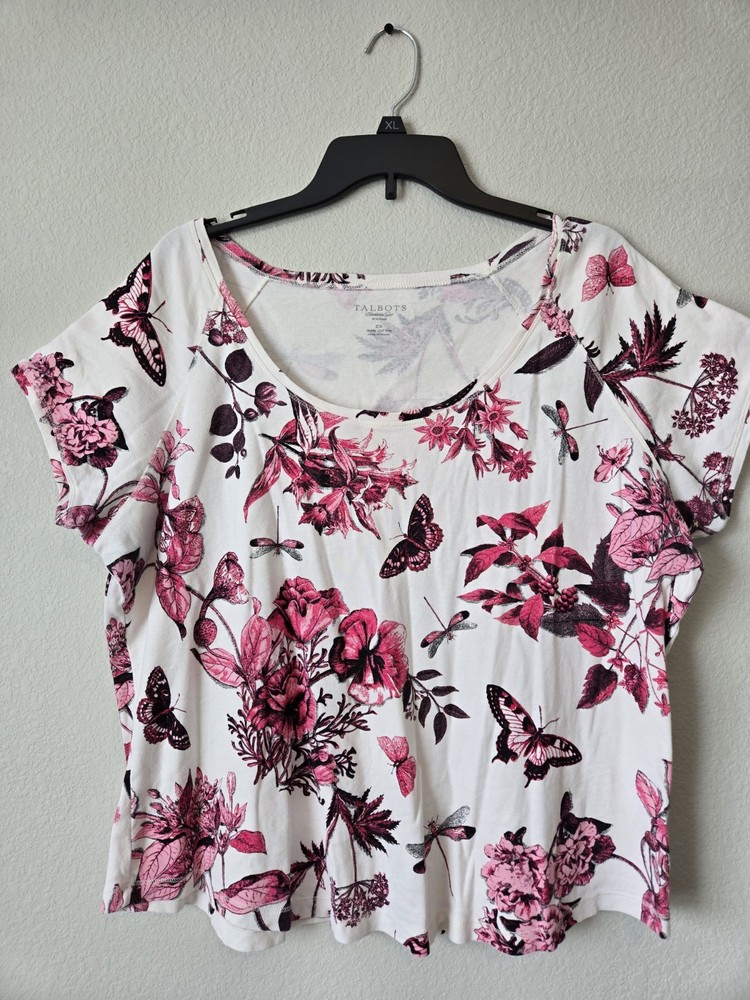 Talbots Women's 2X White Pink Cotton Floral Butterfly Short Sleeve T-Shirt