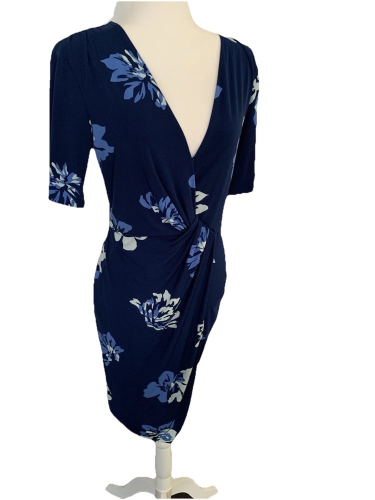 Women's Blue Floral Print MIDI Dress  short sleeve Faux Wrap Style Size small
