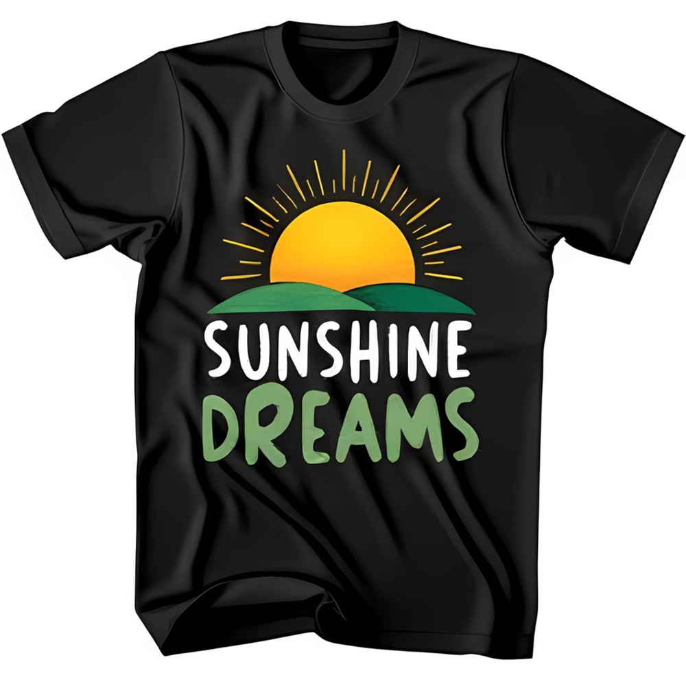 Stylish Black T-Shirt with Vibrant Sunshine Dreams Graphic Yellow Sun & Green