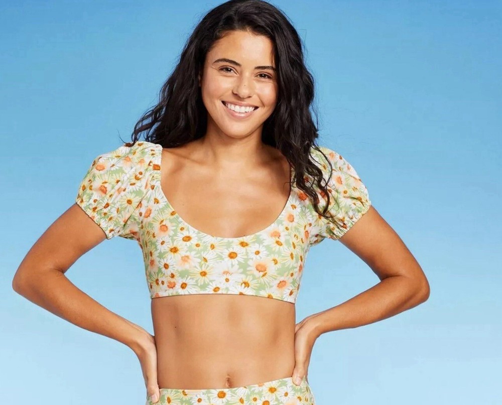 Wild Fable Bikini Top Womens Puff Sleeve Bikini Top Floral Daisy Print Small 4/6