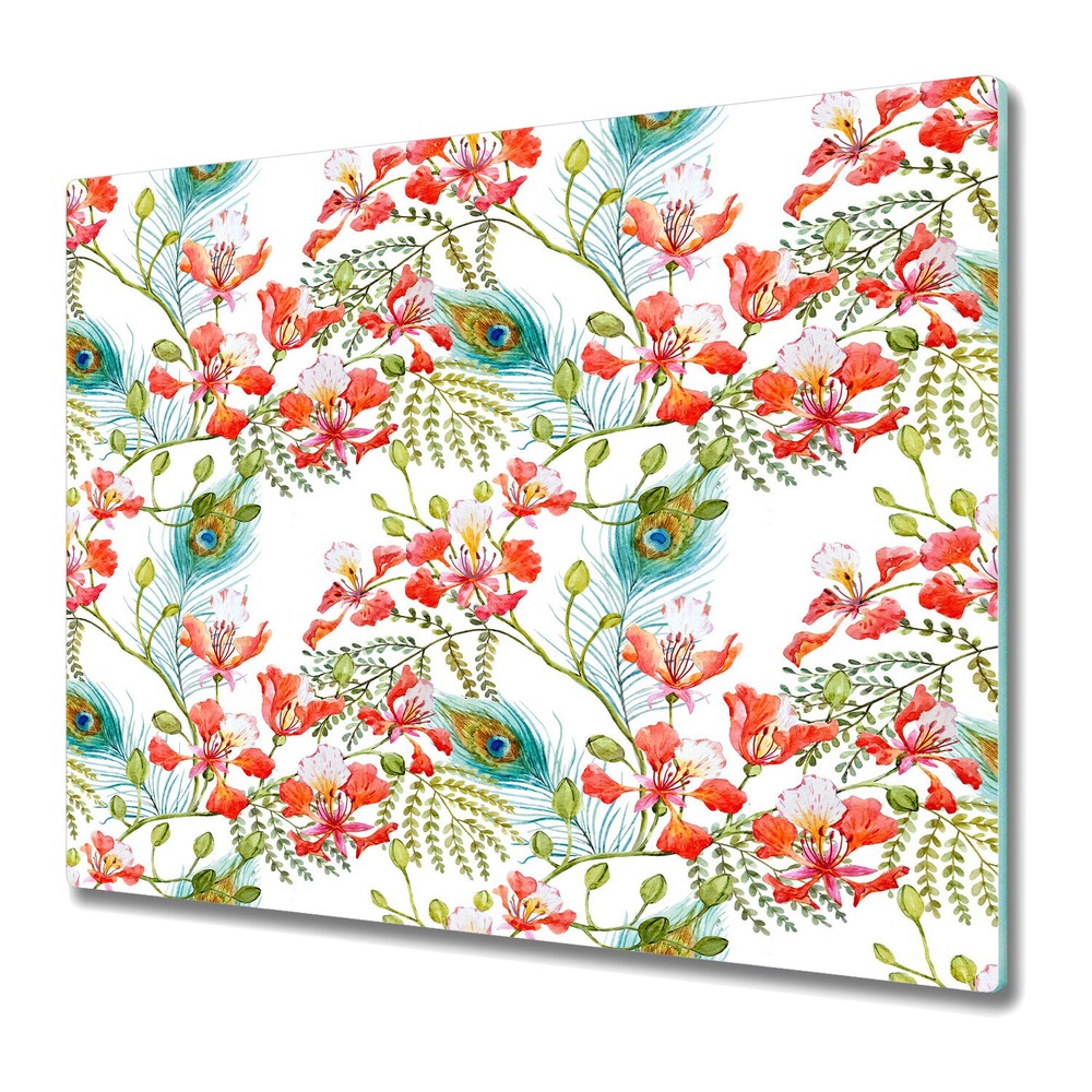 Glass Induction Cover Worktop Saver Peacock Feathers Field Nature 60x52