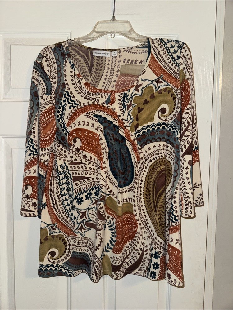 Susan Graver Paisley Liquid Knit Tunic Top 3/4 Sleeve