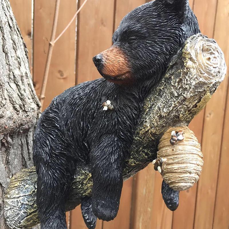 Resin Black Bear on Tree Figurine Modern Carved Decor Medium Size