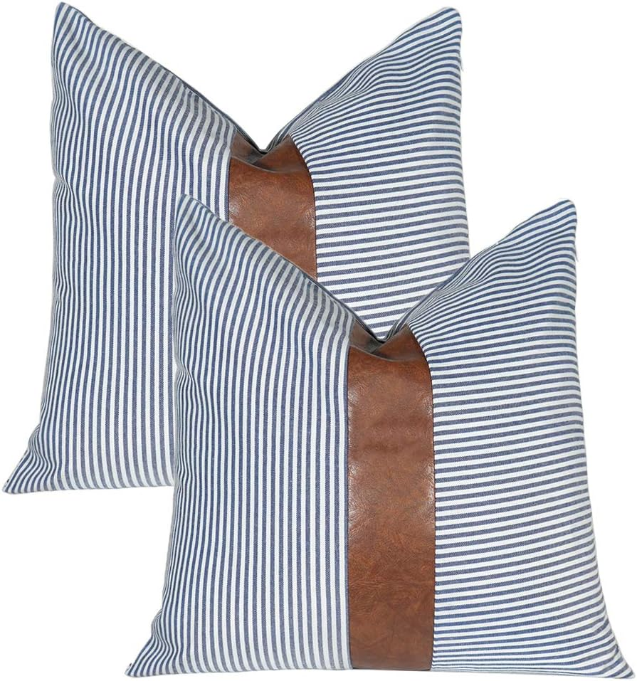 Farmhouse Pillow Covers 20X20 Set of 2 Striped and Leather Outdoor Decorative Th