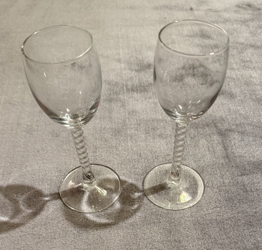Vintage Clear Cordial Glasses Twisted Stem Set of 2 Long Stem Liqueur Glasses