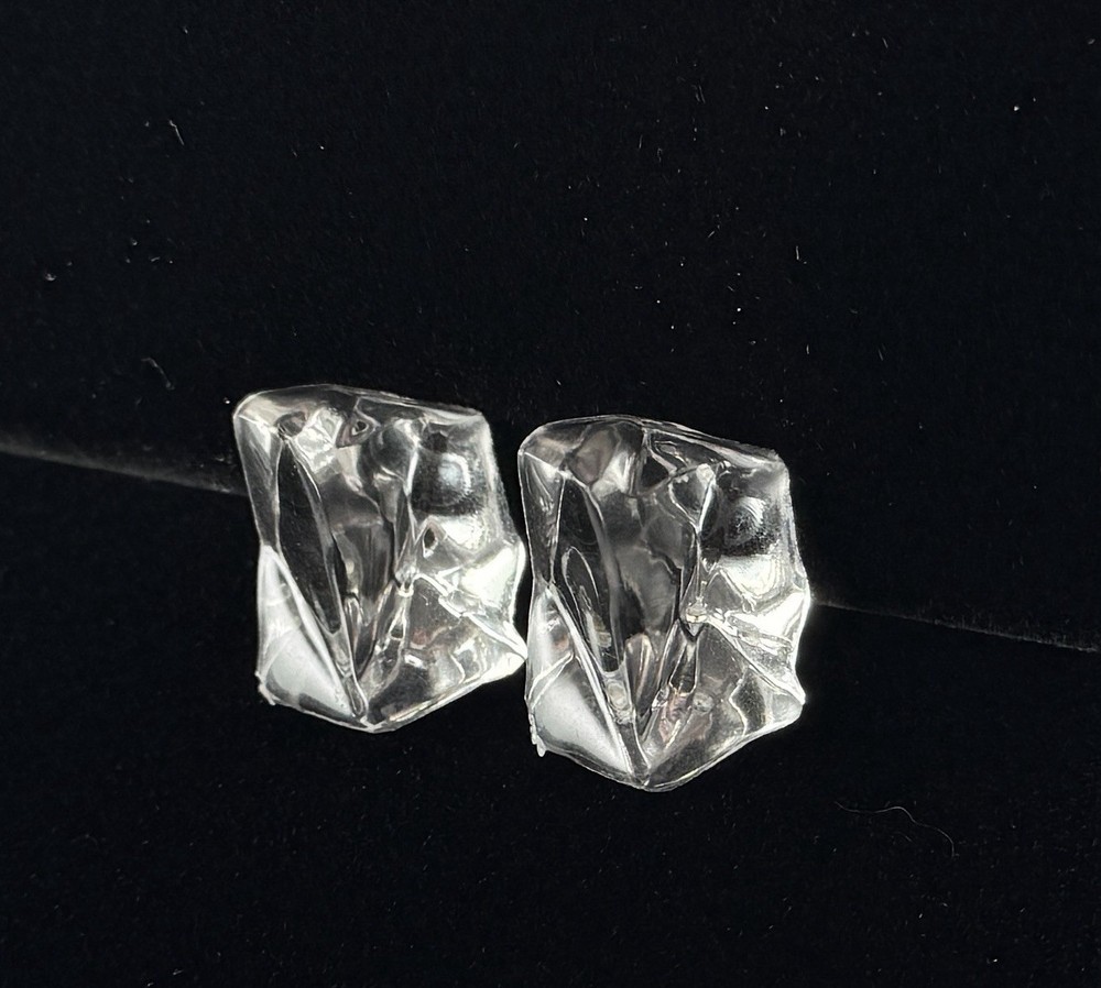 Vintage MCM Acrylic Lucite Clear ICE CUBE Stud Clip On Earrings Retro