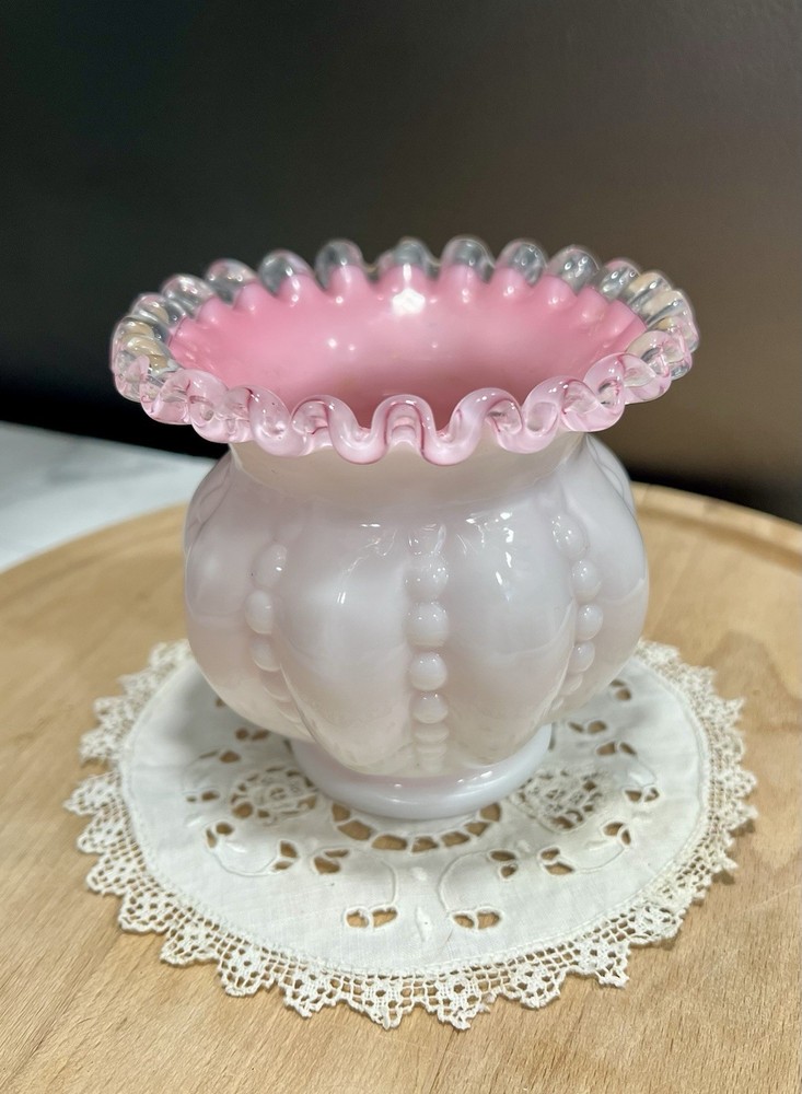Vtg Fenton Peach Crest (Pink) beaded melon art glass vase Silver Crest Ruffles