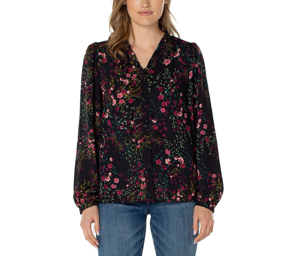 Well Worn Women's V-Neck Long Sleeves Comfort Button Front Blouse, Black,Size XS