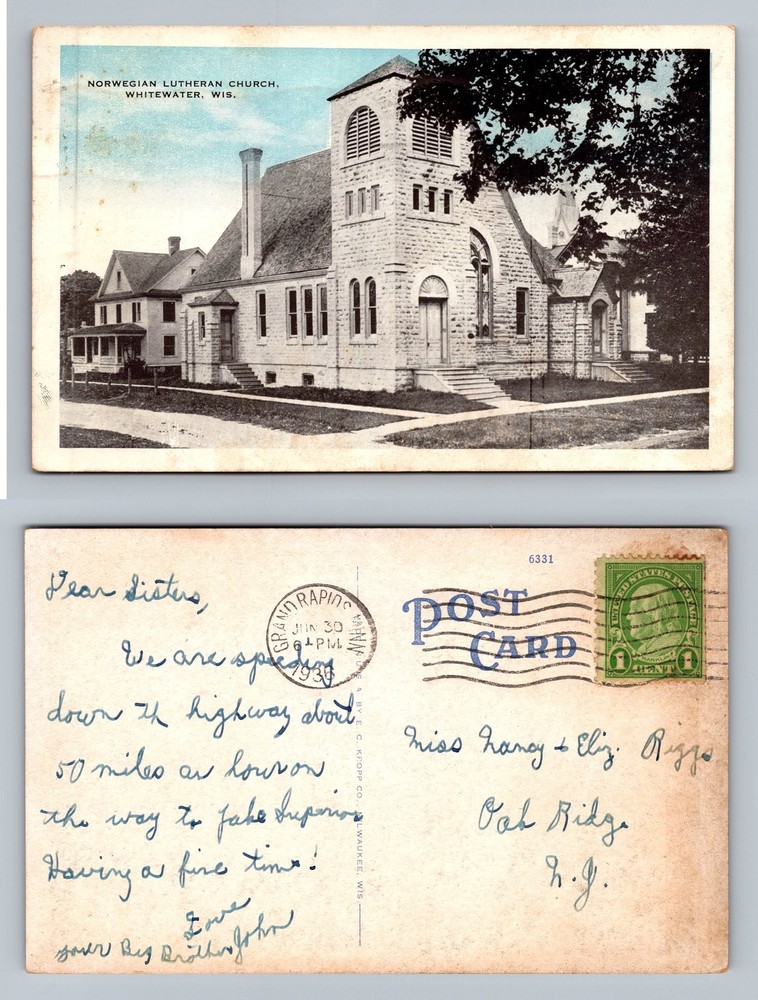 Whitewater, WI-Wisconsin, Norwegian Lutheran Church View c1930 Vintage Postcard