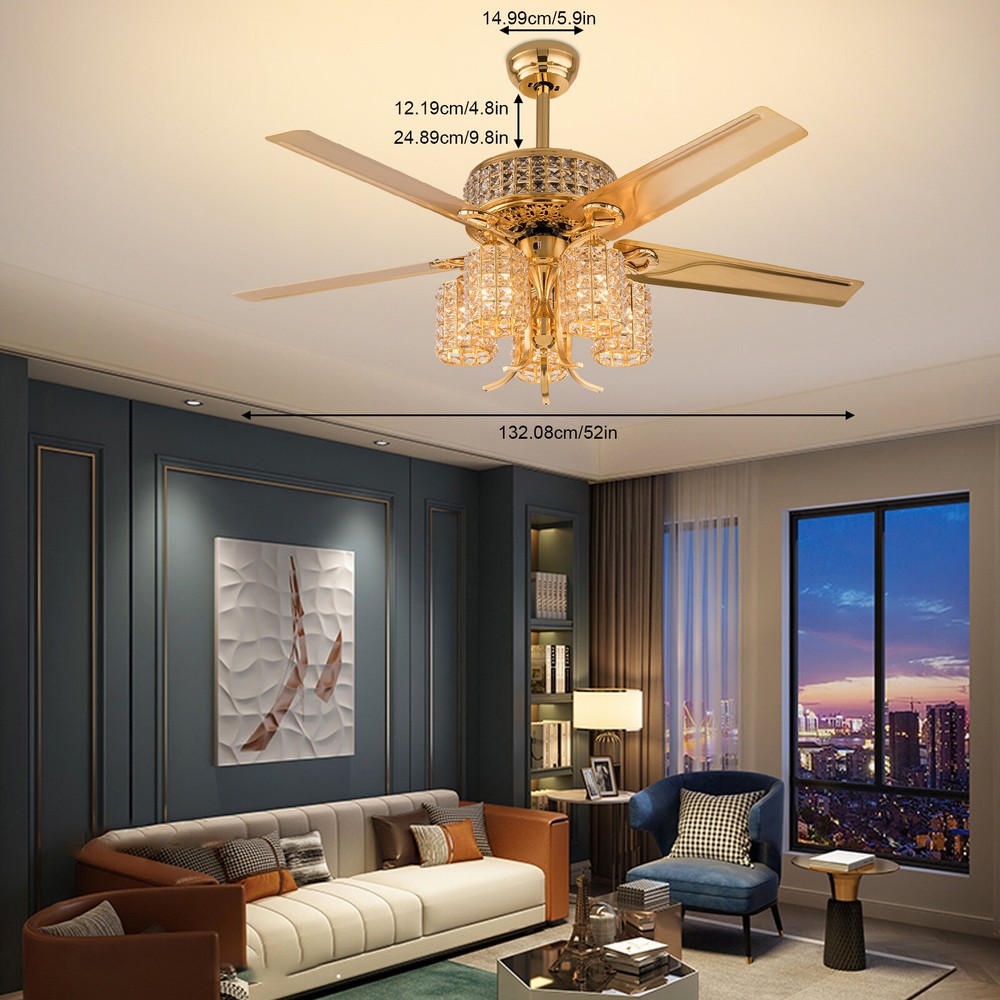 52 Inch Gold Ceiling Fan with Light and Remote for Living Room