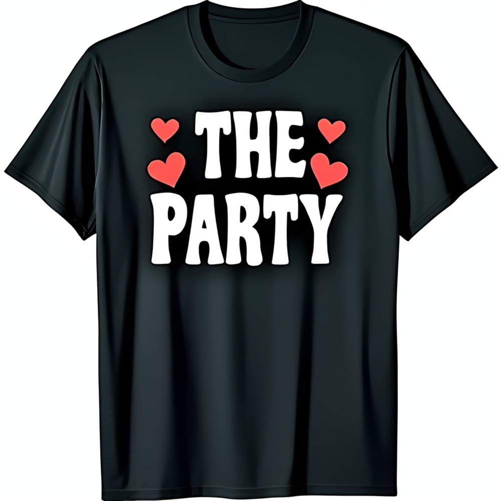 Playful Black T-Shirt with The Party Graphic & Heart Design Fun Casual Wear
