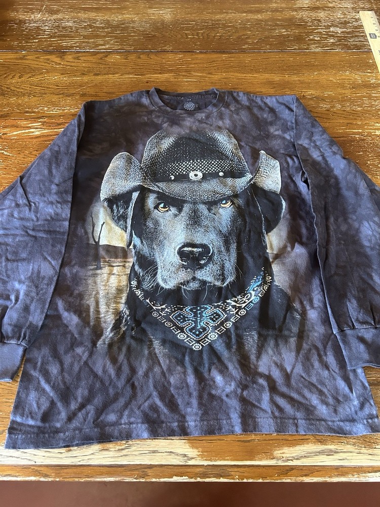 The Mountain Medium Black Lab Dog Cowboy Hat Black Tie Dye T-Shirt Long Sleeve