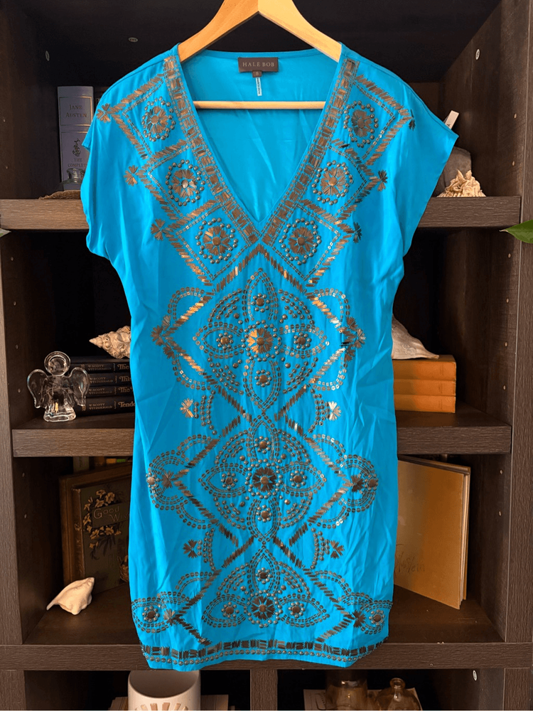 NWT Hale Bob Teal Blue Beaded V-Neck Silk Blend Mini Dress Size Small