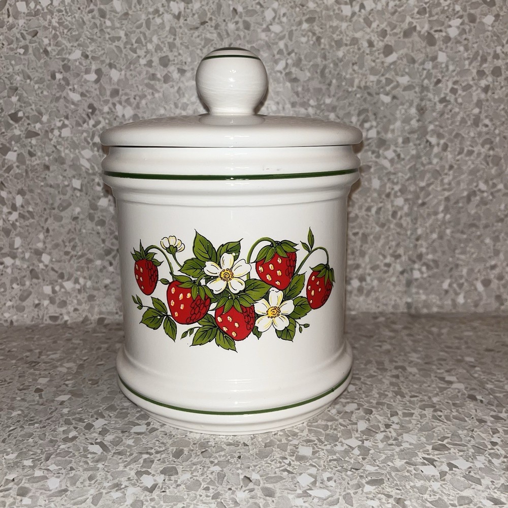 VTG Japan Ceramic Strawberry Canister Jar W Lid Cottagecore Kitchen Storage 8