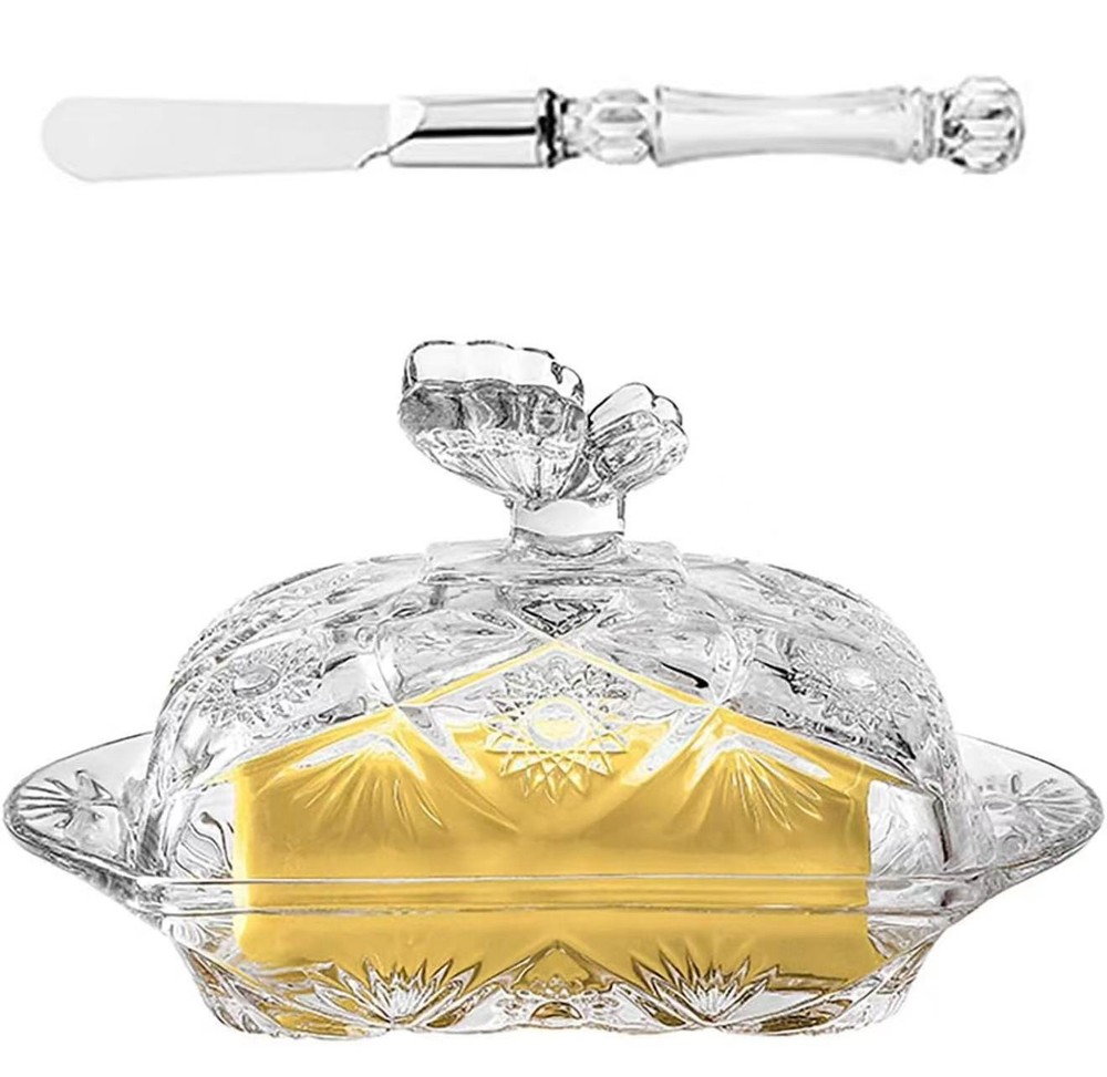 Butter Dish with Lid,Glass Butter Dish,Crystal Covered Butter Dish with Stainles