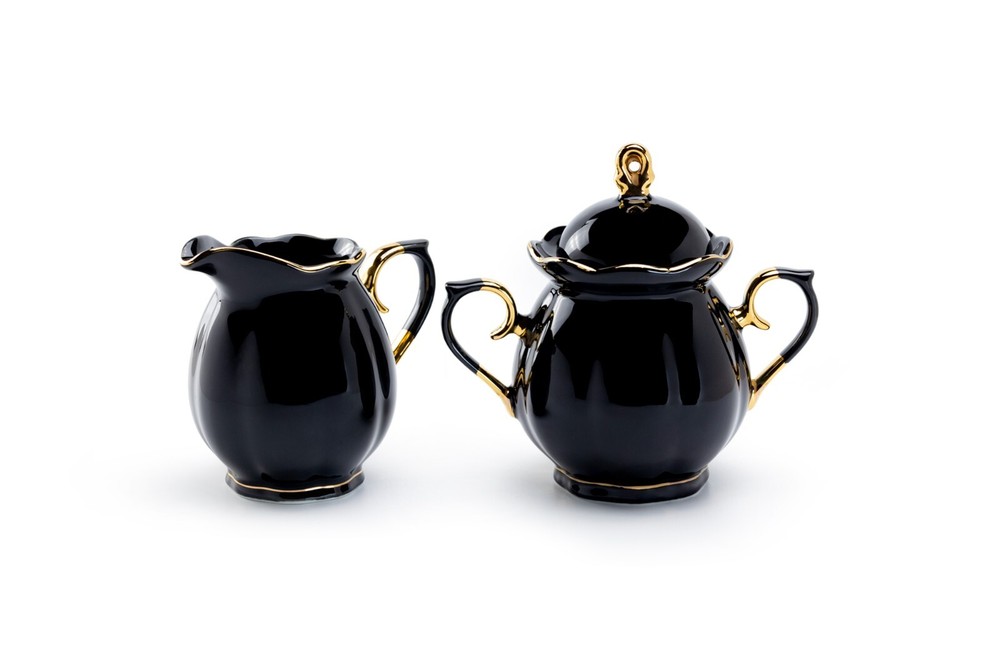 Grace Teaware Black Gold Scallop Fine Porcelain Sugar & Creamer Set with Gold