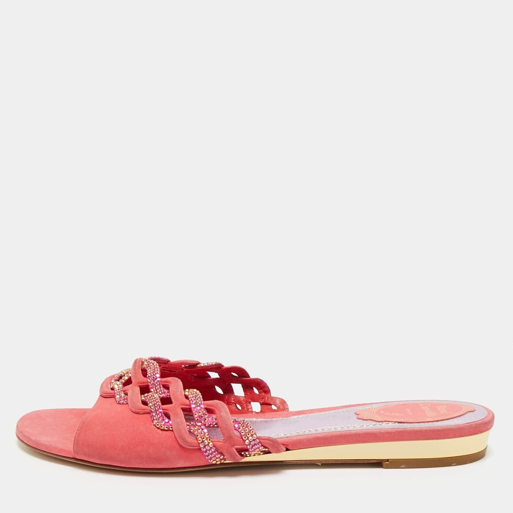 Rene Caovilla Pink Suede Crystals Embellished Flat Slides Size 41