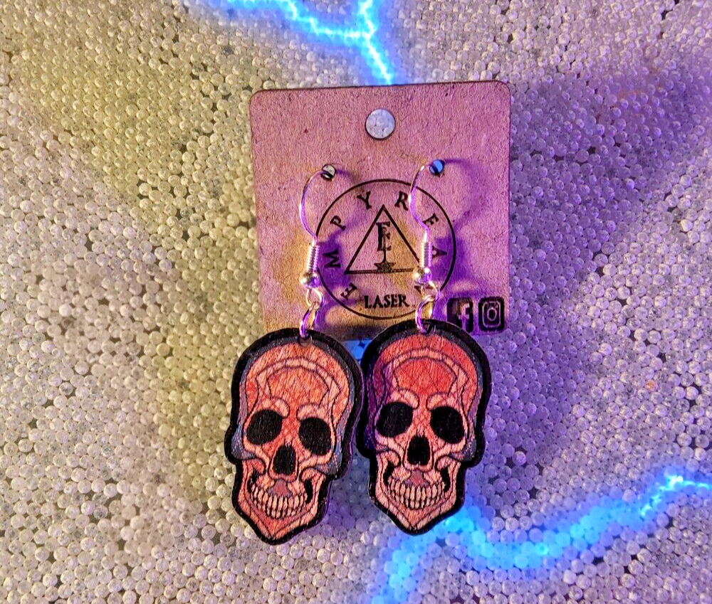 Laser engraved cut red skull custom art earrings horror fashion goth halloween