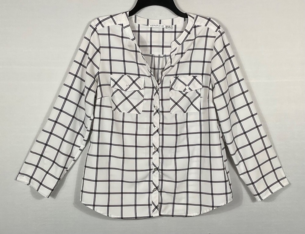 Notations Top Womens M Off White Black Window Plaid Button Long Roll Tab Sleeves