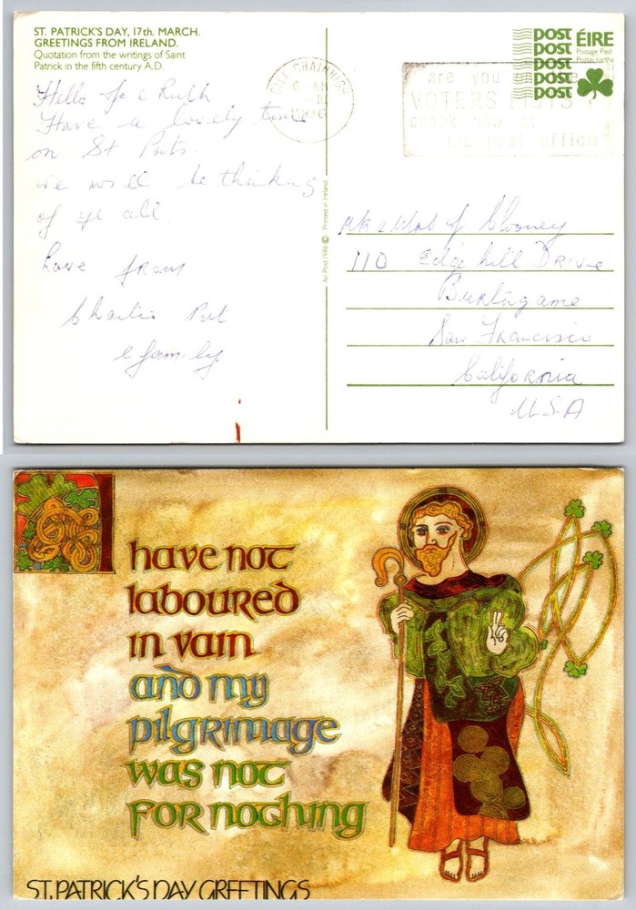 1986 St. Patrick's Day Postcard Ireland Celtic Art Saint Patrick Quote Posted