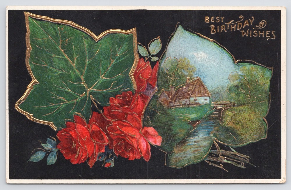 Greetings~Red Roses & Home By River In Lead Birthday Wishes~Vintage Postcard