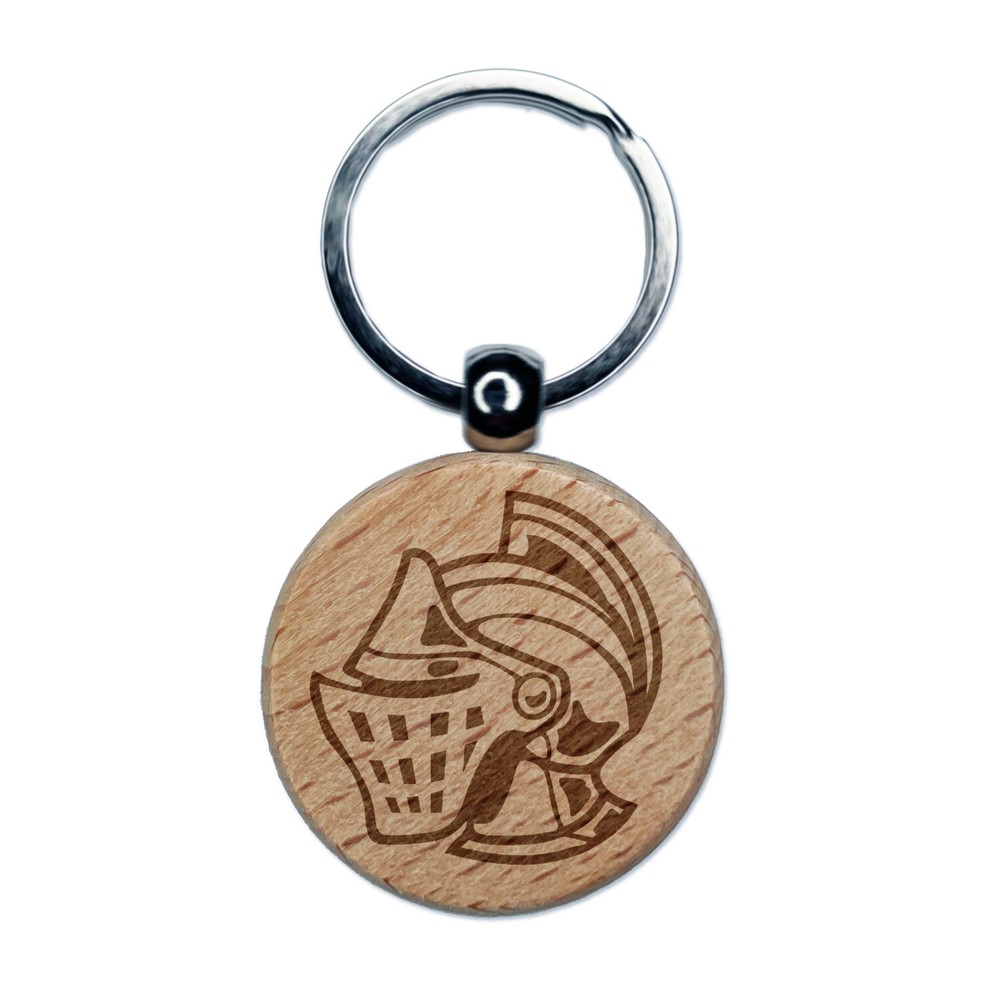 Medieval Knight Helmet Engraved Wood Round Keychain Tag Charm