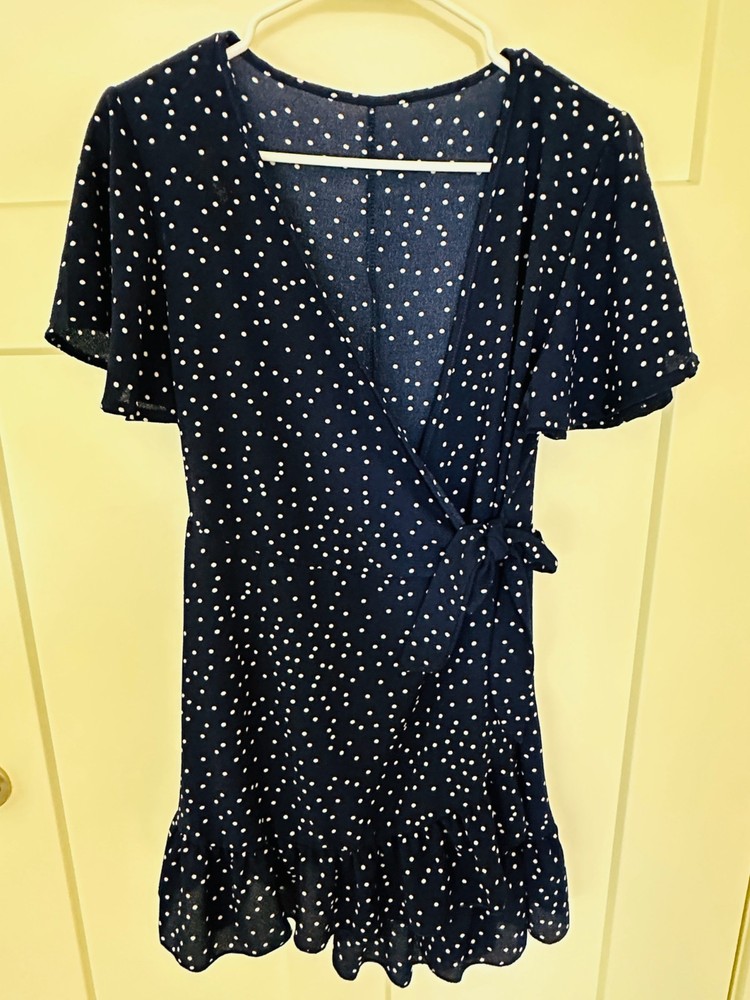 Navy Blue Polka Dot Wrap Short Sleeve Dress Size M NWOT