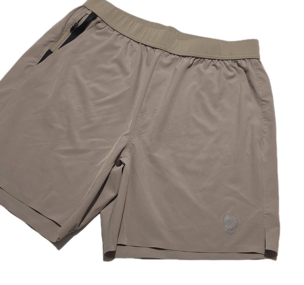 Gymreapers Men's Beige Athletic Shorts L Elastic Waist Pockets Skull Logo