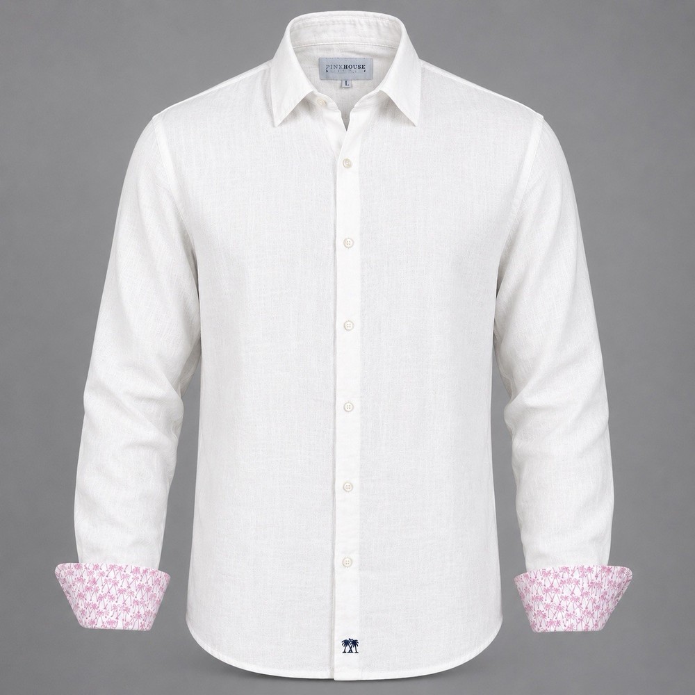 Pink House Mustique White 100% Linen Button Down Shirt Men L Pink Palm Flip Cuff