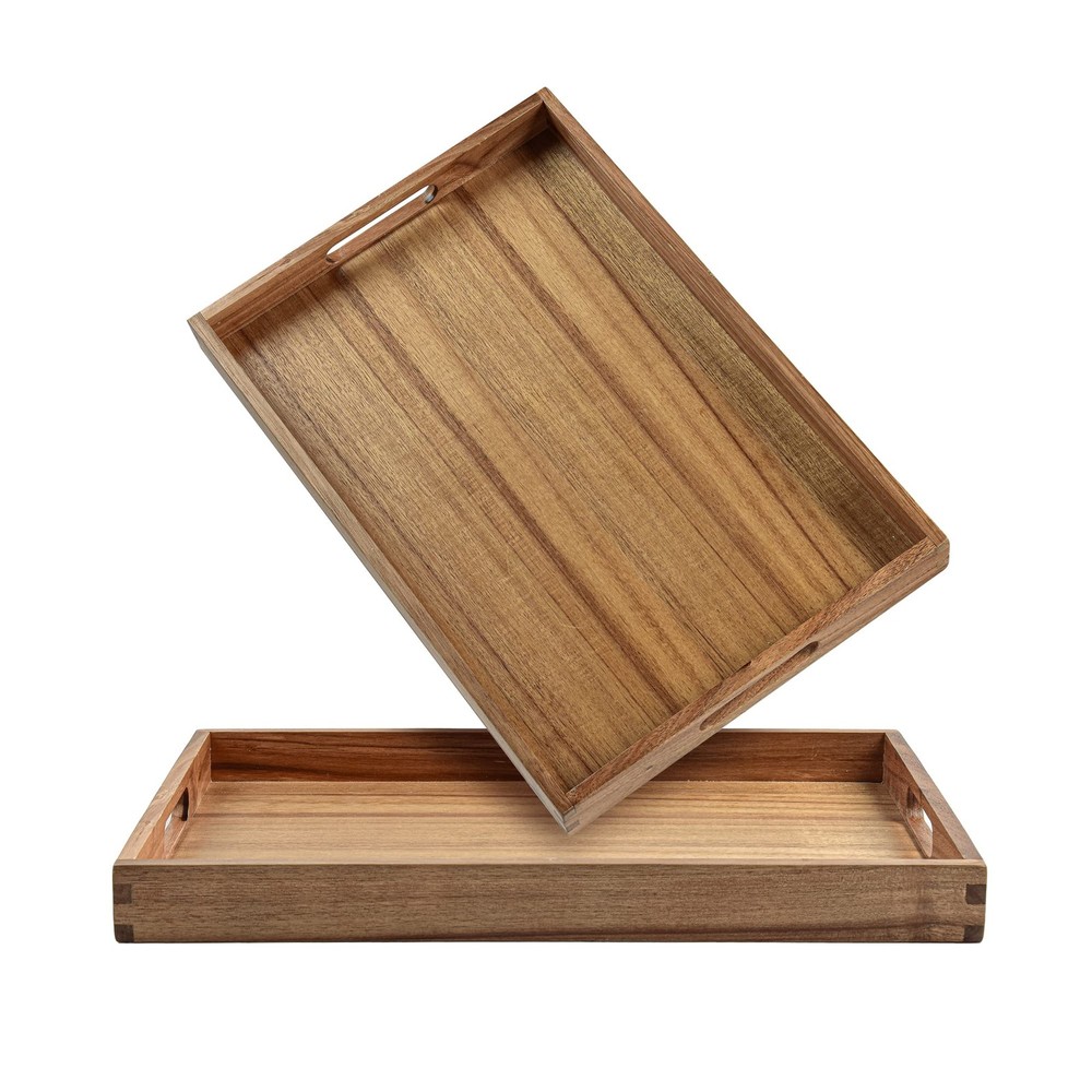 Acacia Wood Serving Tray Set of 2 – 17-Inch Decorative Wooden Trays with Handles  -image