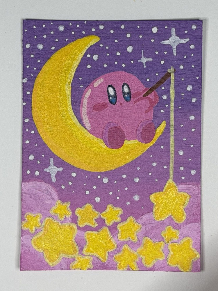 ACEO Original Kirby Moon Stars Cartoon Whimsical Fantasy Anime Art Painting