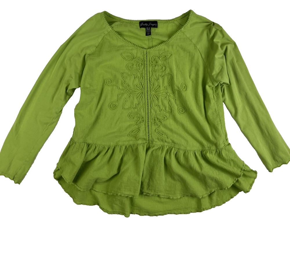Gretty Zueger Top Womens Large Green Blouse Ruffle Floral Embroidered 3/4 Sleeve