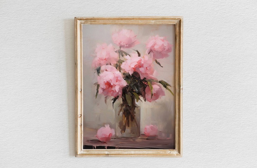 Pink Peonies Oil Painting Moody Pink Peonies Painting Vintage Art Print Flower