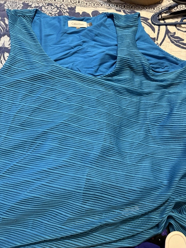 Calvin Klein Plus Size 3X Blue Striped Pleated Sleeveless Tank Top Women