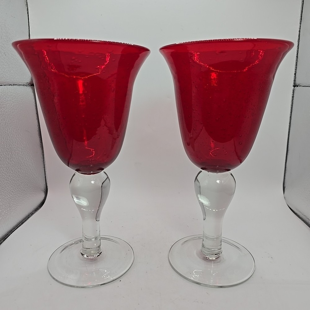 Set of 2 Artland Iris Ruby Red Seeded Bubble Water Goblets Clear Stem 8.25 In