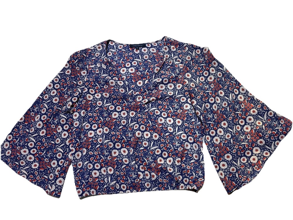 Sanctuary Floral Blouse Size S Blue Red Boho Peasant Bell Sleeve