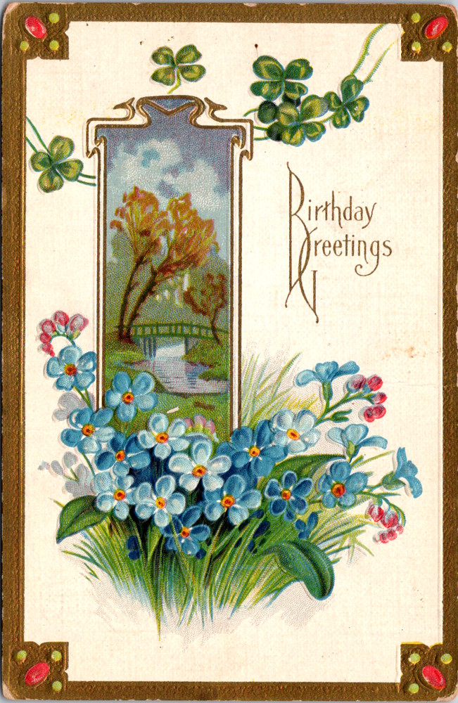 Vintage Postcard Birthday Greetings Blue Flowers And Scenic Design
