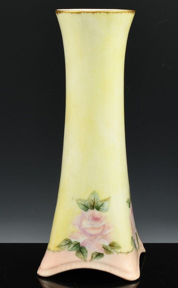 Stunning Antique Bavarian Hand Painted Pink Roses Floral Porcelain Footed Vase