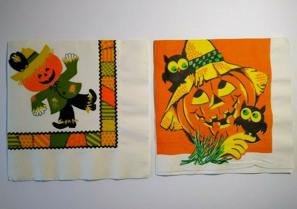 Halloween Vintage Crepe Paper Napkins Scarecrows Owl Crow Pumpkin Head Lot Of 2