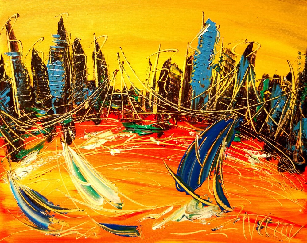 Cityscape Planet Yellow Landscape Painting Stretched Canvas Signed 5H