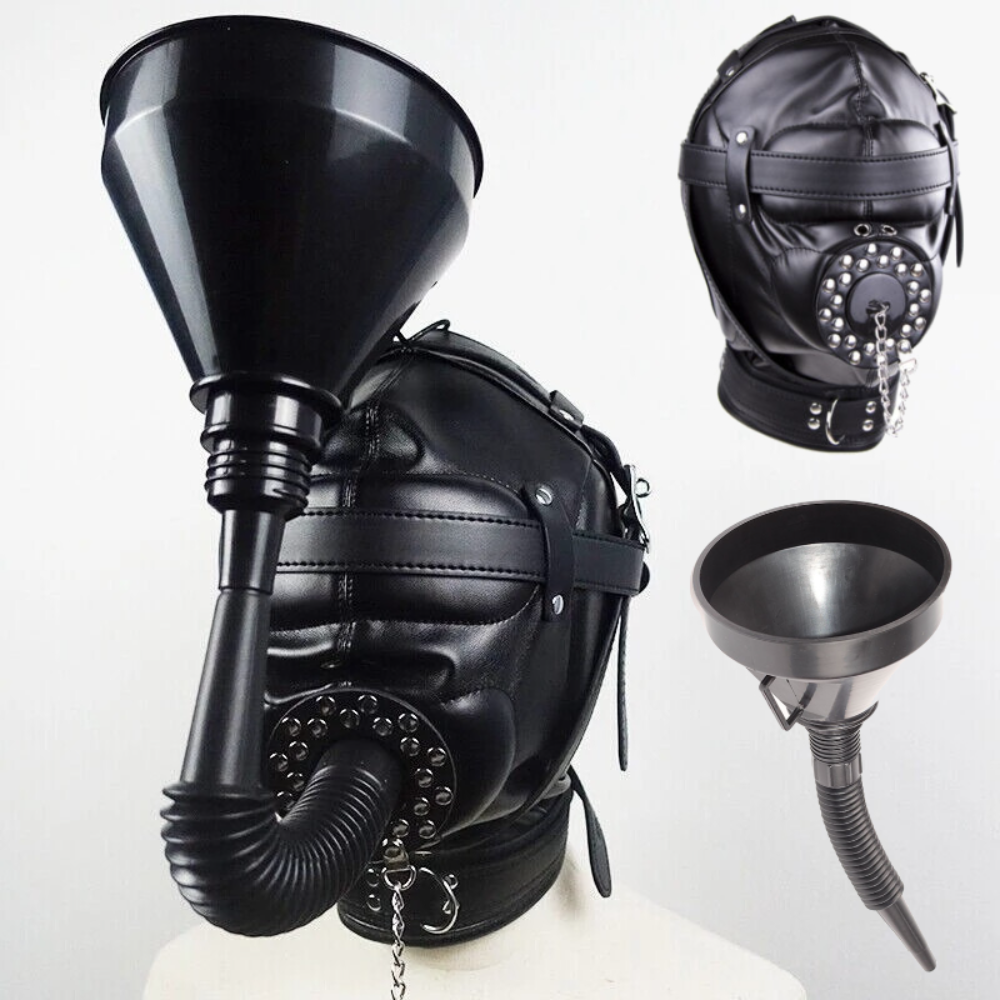 Full Headgear Mask Funnel Restraints Head Hood Mouth Gags Muzzle Binding Adult