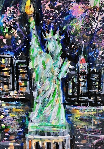 ACEO Original Painting FIREWORKS Summer NY CITY Buildings Statue of Liberty ART