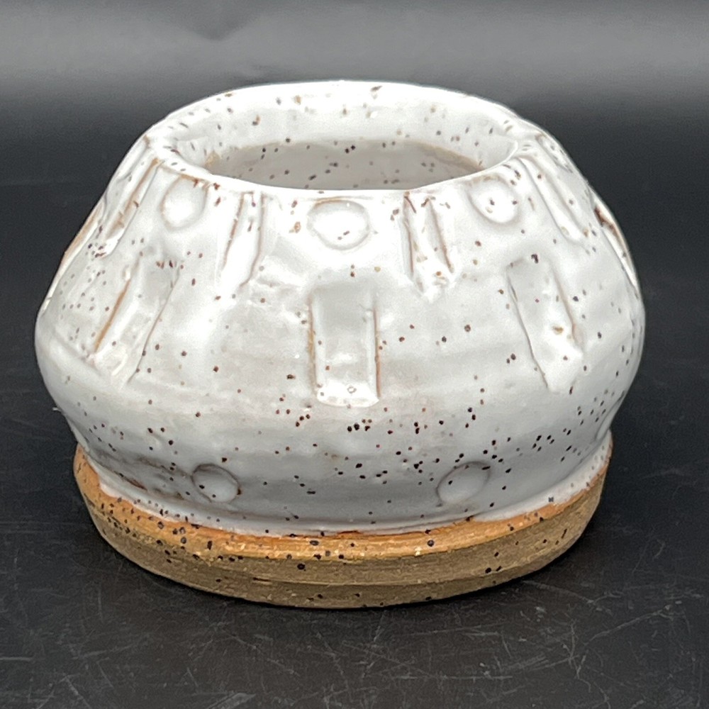 Studio Art Pottery Bud Vase Jar By CM Stamped White Speckled Glaze Ceramic 2.25”