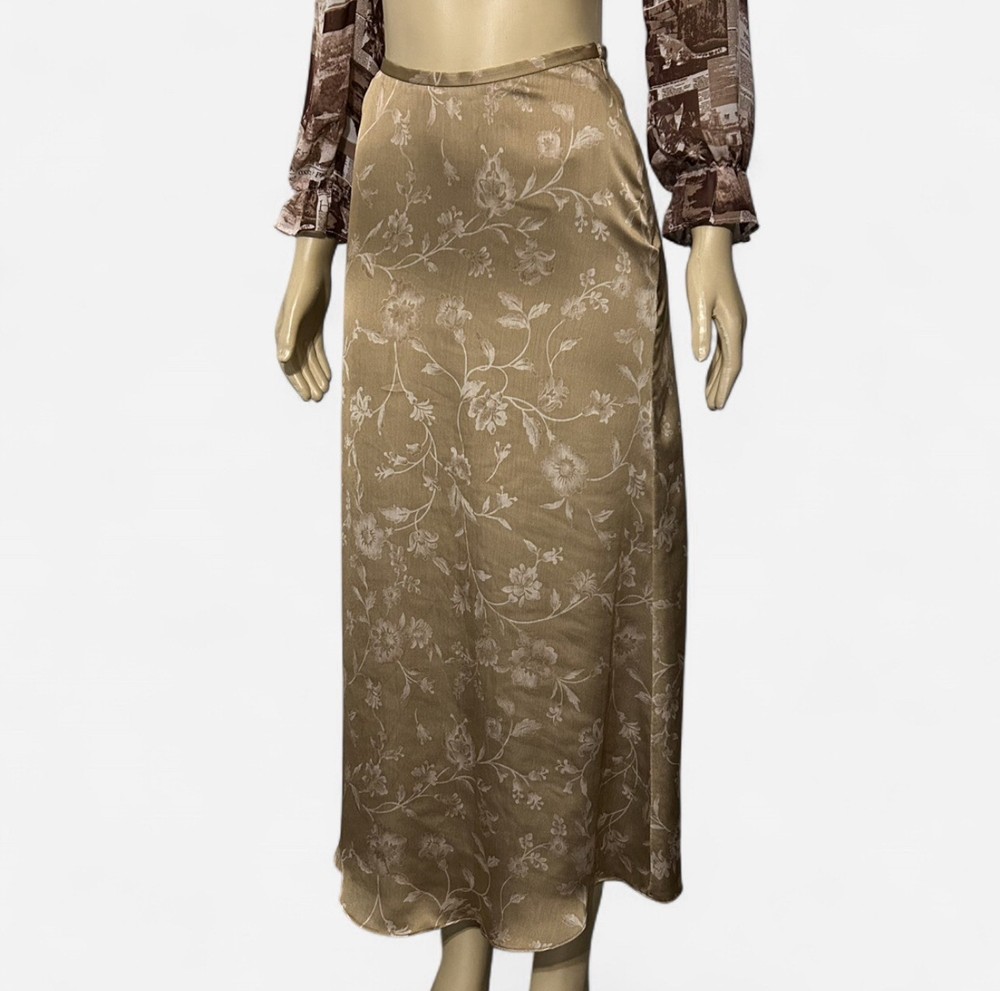 Vintage Y2K Rena Rowan Gold Floral Satin Midi Skirt – Size 4 – NWT