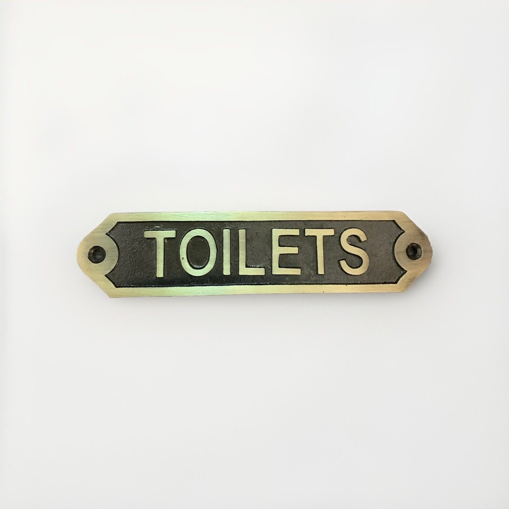 Cast Iron Toilets Sign | Rustic Antique Brass Bathroom Restroom Wall Decor