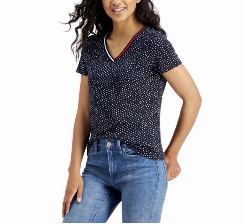 Tommy Hilfiger Plus Size V-Neck Dot-Print Top 2X Sky Captain Blue Pullover NWT